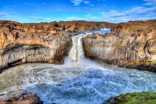 Aldeyjarfoss waterfall at sunset, north of Iceland.