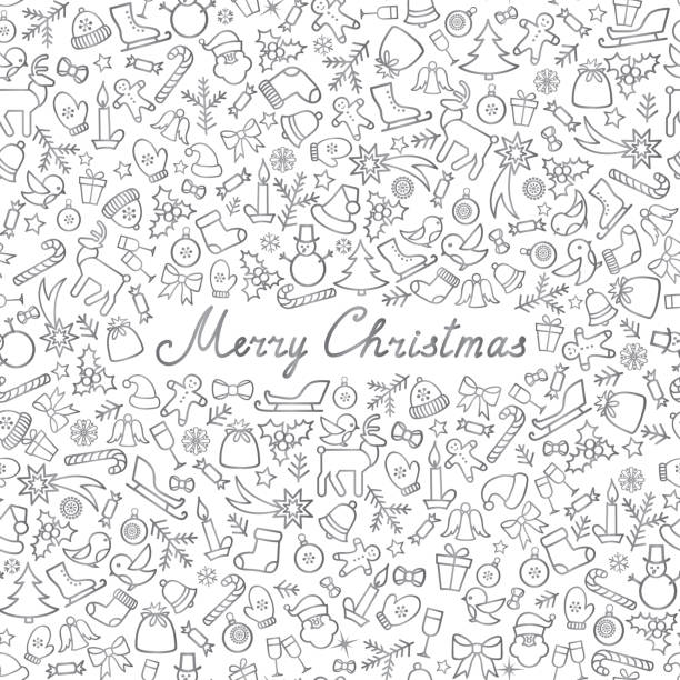 Merry Christmas Icons Pattern. Happy Winter Holiday Doodle Greeting Card. Christmas Icons Seamless Pattern. Happy Winter Holiday Wallpaper. Doodle Greeting Card with handwritten Lettering MERRY CHRISTMAS christmas chaos stock illustrations