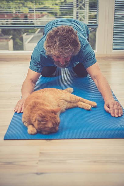 istock Senior Man exercising at Home with his Ginger Cat 628799934