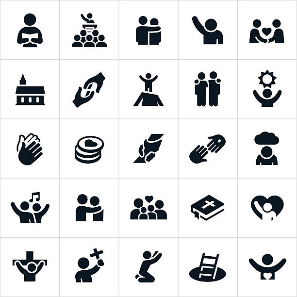 Christian Worship Icons An icon set of Christian worship themes. The icons include people worshiping, praising God, pastors, preachers, sermons, church, families, prayer, religion, Christianity, Tithes, rescue, spirituality, Christ, Cross, faith, and other related themes. religious icon stock illustrations