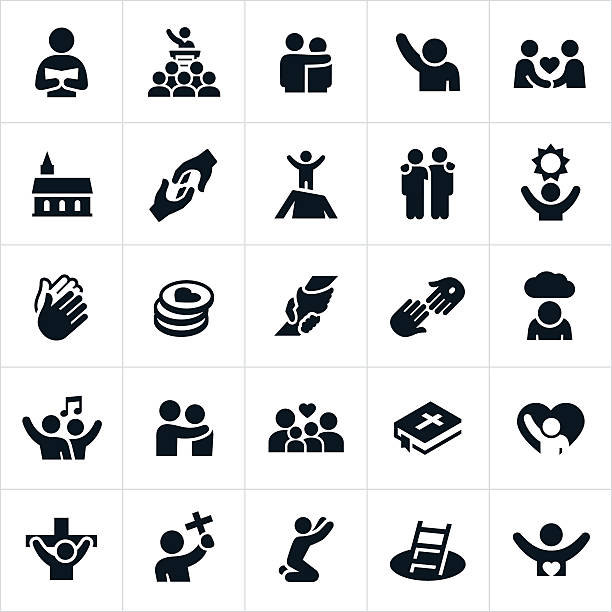 Christian Worship Icons An icon set of Christian worship themes. The icons include people worshiping, praising God, pastors, preachers, sermons, church, families, prayer, religion, Christianity, Tithes, rescue, spirituality, Christ, Cross, faith, and other related themes. church black and white people praying stock illustrations