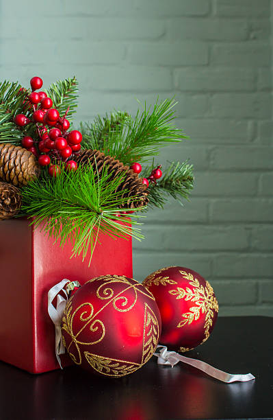 istock Evergreen, Berries, And Decorative Christmas Balls 628801104