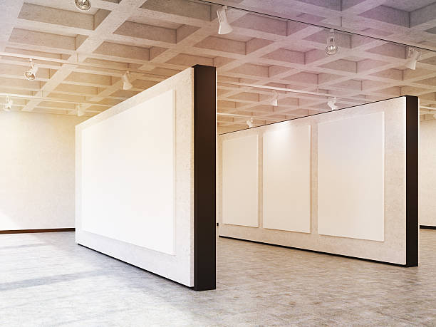 istock Side view of art gallery walls with various banners, toned 628801568