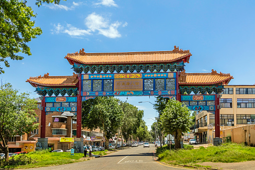 Johannesburg, South Africa - December 10, 2016: Chinese architectural design at the entrance to Chinatown in Johannesburg. Seen in the main road this entrance feature where the chinese community are situted with many chinese restaurants.