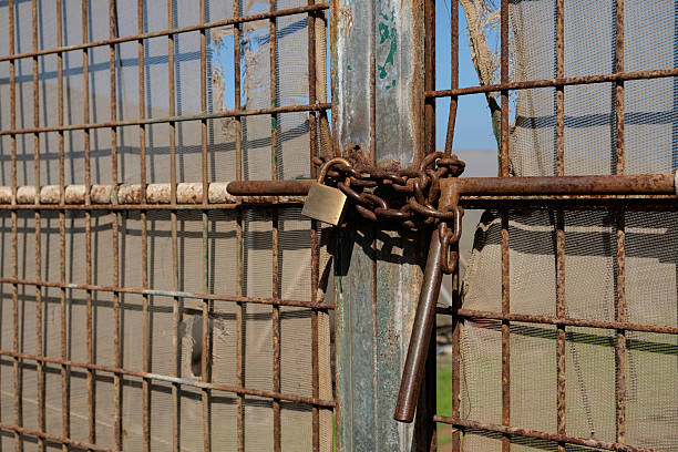 istock metal gate locked with chain and padlock 628804466