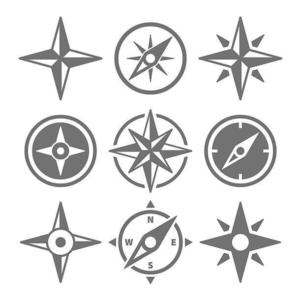 ilustrações de stock, clip art, desenhos animados e ícones de wind rose compass navigation icons - vector illustration - drawing compass