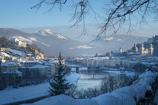 View to the Salzach from Moenchsberg, Salzburg, Austria Winter landscape, view to the Salzach from Moenchsberg, Salzburg, Austria gaisberg stock pictures, royalty-free photos & images