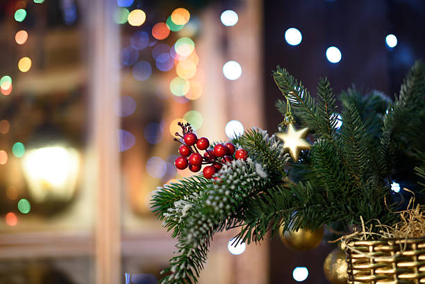 istock Christmas ball on green spruce branch 628812478