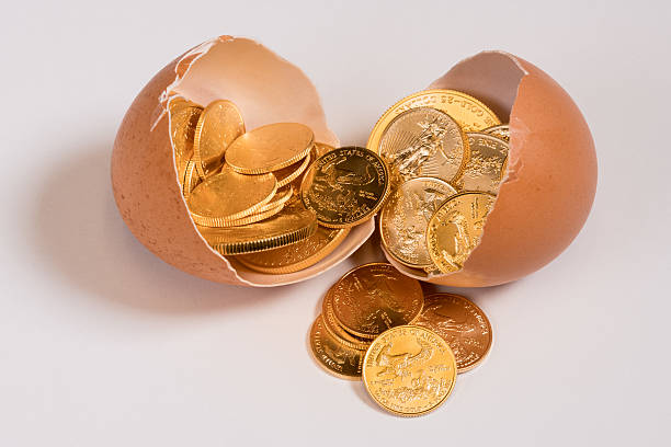 istock Pure gold coins in eggshell illustrating nest egg 628812782