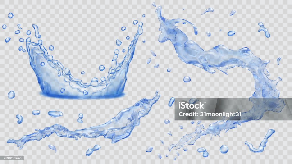 Water splashes, water drops and crown from splash of water Set of transparent water splashes, water drops and crown from falling into the water in blue colors, isolated on transparent background. Transparency only in vector file. Vector illustrations. EPS10 and JPG are available Spray stock vector
