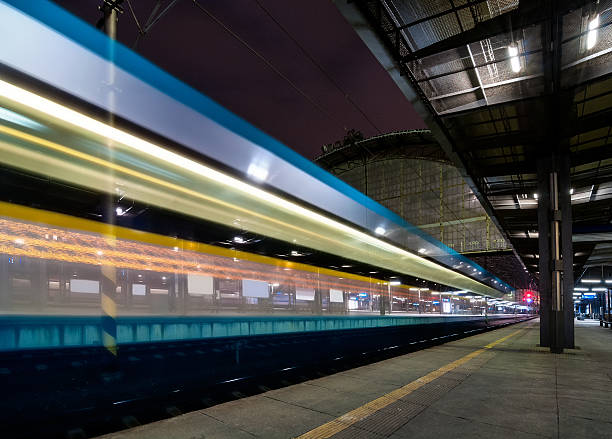 istock Train speeding through railway station, Prague, Czech republic 628813474