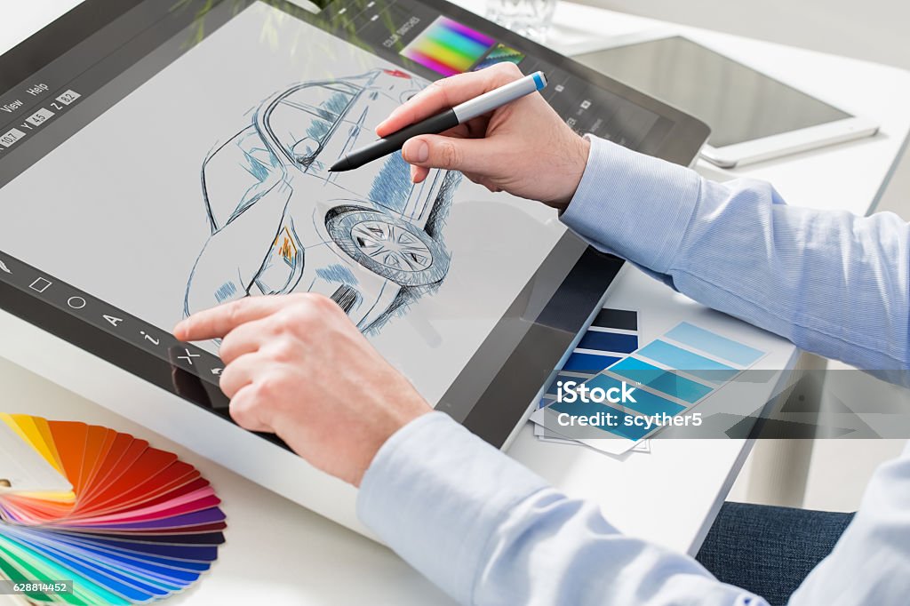 Graphic designer at work. Color samples. designer graphic drawing car creative creativity draw work tablet screen sketch designing coloring concept - stock image Digitally Generated Image Stock Photo