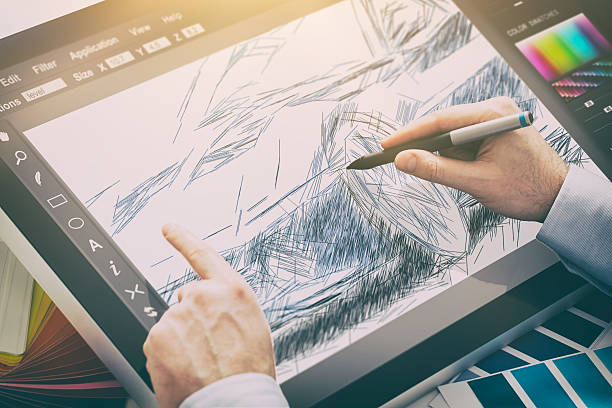 Graphic designer at work. Color samples. designer graphic drawing car creative creativity draw work tablet screen sketch designing coloring concept - stock image product designer photos stock pictures, royalty-free photos & images
