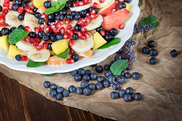 Healthy fruit salad in white plate close -up