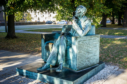 Warsaw, Poland - September 27, 2016: Jan Karski Statue near the Museum of the History of Polish Jews in Warsaw