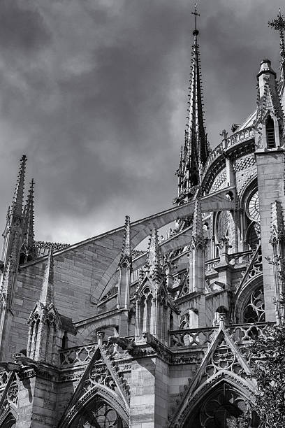 The Gallery of kings, depicting the kings of Judah, as seen on the west façade of the Notre-Dame Cathedral in Paris, France, photographed in Monochrome
