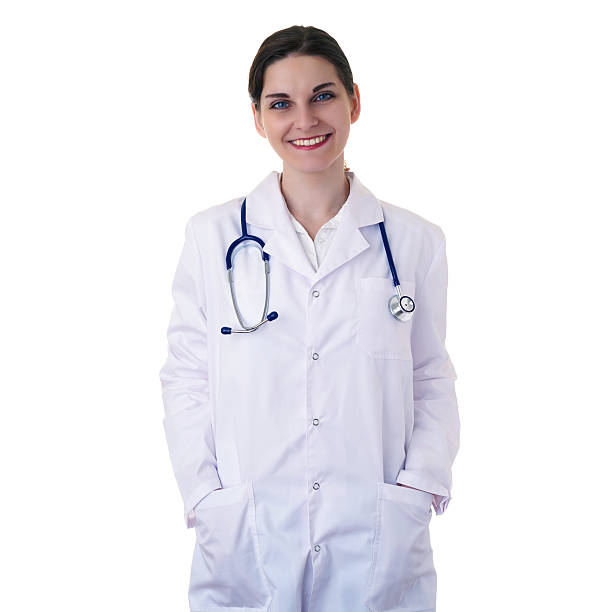istock Female doctor assistant scientist in white coat over  isolated background 628821204