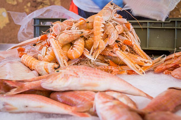 Fish and Scampi in a Fish Market in Split stock photo