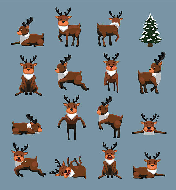 bildbanksillustrationer, clip art samt tecknat material och ikoner med christmas character reindeer various poses cartoon - santa hat
