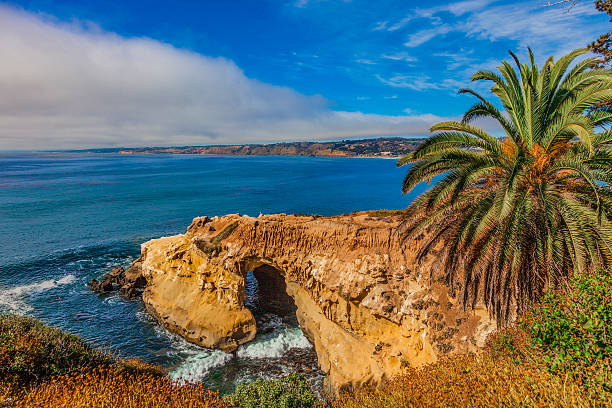 Tourists dot the shore line in Southern California at La Jolla shores beach. 