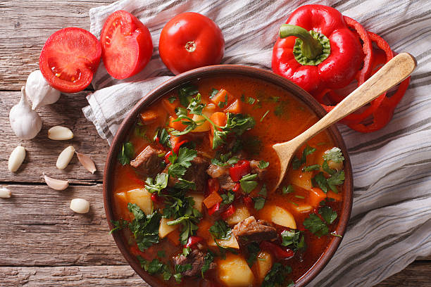istock Hungarian goulash soup bograch close-up. horizontal top view 628857192