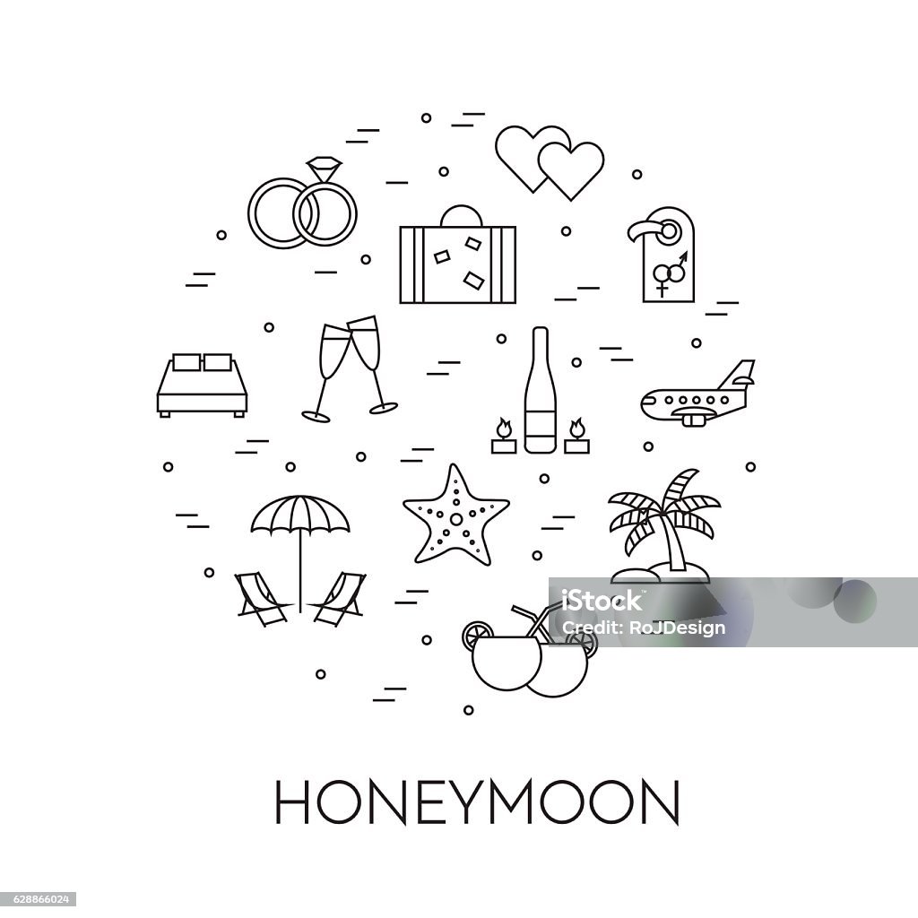 Horizontal banner with honeymoon symbols Line art Horizontal banner with honeymoon symbols, wedding trip pictograms in circle, Modern line art elements. Vector illustration. Concept for congratulation card, flyer, web pictogram, just married gift Airplane stock vector