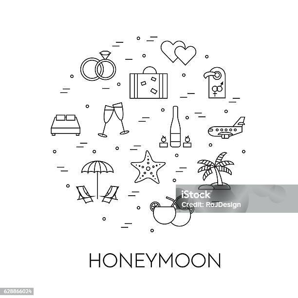Horizontal Banner With Honeymoon Symbols Line Art Stock Illustration - Download Image Now - Airplane, Beach, Bed - Furniture