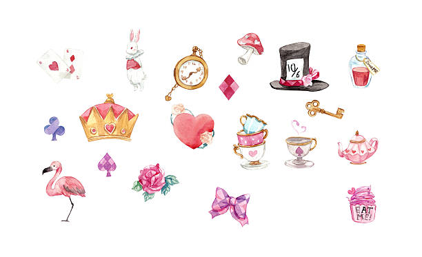 Alice in Wonderland graphic elements watercolor set with clpping path