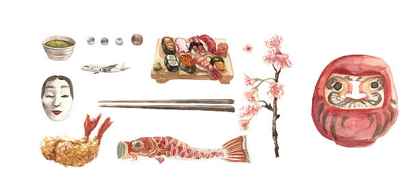Japan elements in watercolor illustration with clipping path