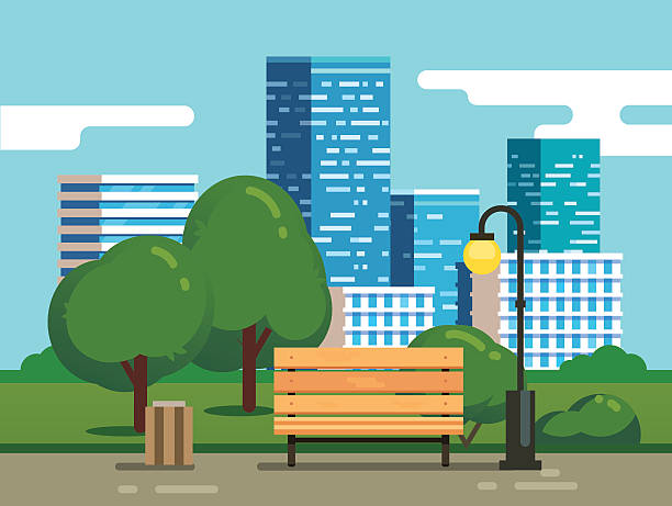 illustrazioni stock, clip art, cartoni animati e icone di tendenza di parco cittadino con panchina e grattacieli del centro - bench park bench white isolated