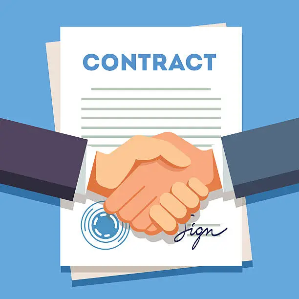 Vector illustration of Business man shaking hands over a signed contract