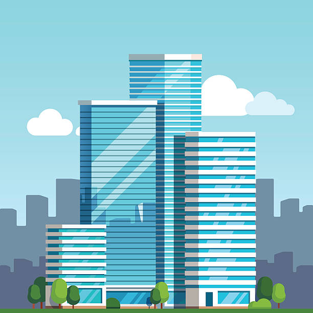 City downtown landscape with skyscrapers Scenic view of a city downtown landscape with high glass skyscrapers piercing blue sky clouds. Modern flat style vector illustration. skyscraper illustrations stock illustrations