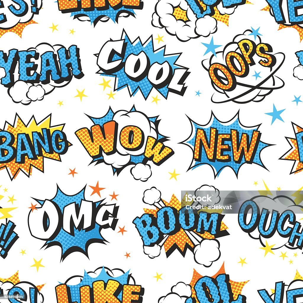 Boom cloud text seamless pattern. Comic speech bubbles in pop art style with bomb cartoon and explosion text seamless pattern vector illustration. Boom cloud halftone humor background communication design. Abundance stock vector