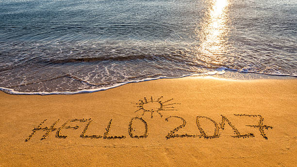 istock Hello New Year 2017 concept, lettering on the beach 628896148