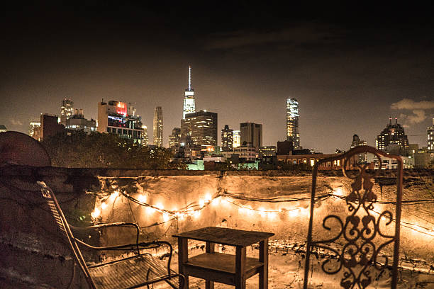 NYC skyline on the rooftop with christmas lights NYC skyline on the rooftop with christmas lights new york city skyline new york state night stock pictures, royalty-free photos & images