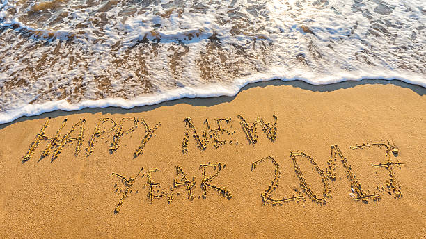 istock Hapy New Year 2017 concept, lettering on the beach 628896444