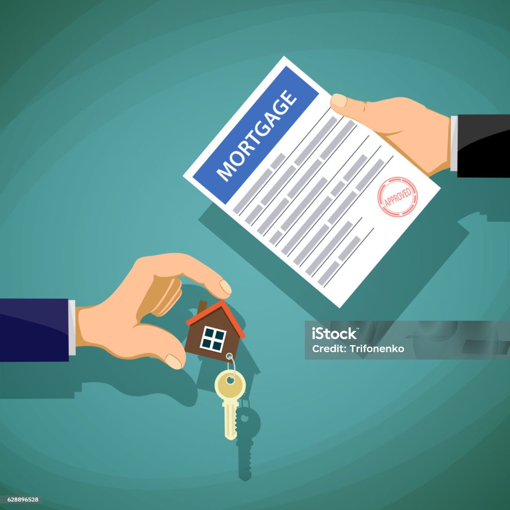 Deal with the real estate. Deal with the real estate. Two people hold the key and the document on the mortgage. Stock vector illustration. Contract stock vector