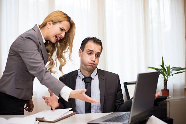 istock Bad comunication. Stress. Businesswoman Shouting at Businessman 628896704