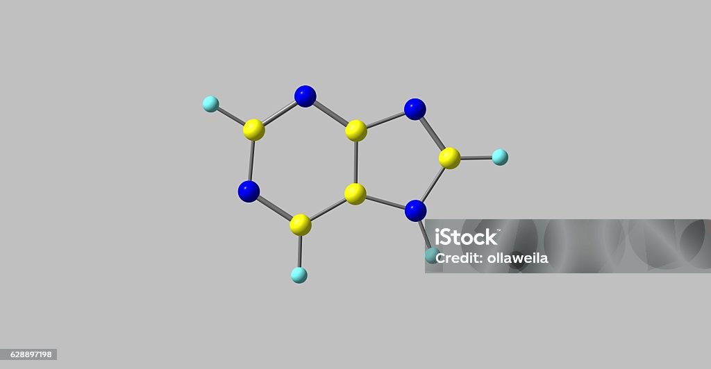 Purine molecular structure isolated on grey Purine is a heterocyclic aromatic organic compound that consists of a pyrimidine ring fused to an imidazole ring. Purine gives its name to the wider class of molecules, purines. 3d illustration Acid Stock Photo