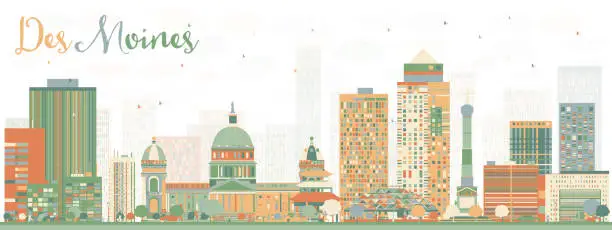 Vector illustration of Abstract Des Moines Skyline with Color Buildings.