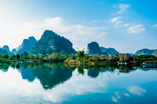 The karst mountains and river scenery in the evening
