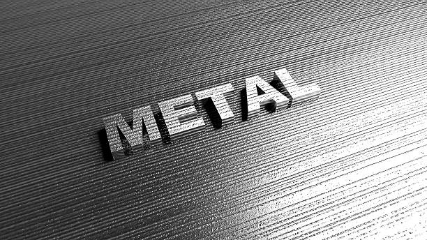 Word 'Metal' on steel background. Lettering for production company, musical groupe, chemical industry defense or safety services. 3D Rendering.