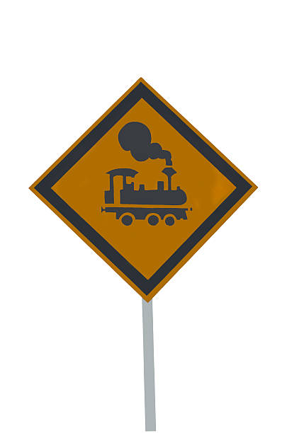 istock Beware of train sign isolated on white background 628924310
