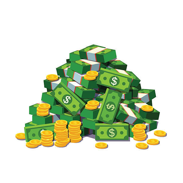 現金のお金といくつかの金貨の大きな山 - coin stack change heap点のイラスト素材／クリップアート素材／マンガ素材／アイコン素材