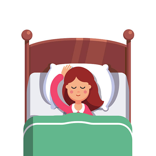 ilustraciones, imágenes clip art, dibujos animados e iconos de stock de mujer durmiendo plácidamente sonriendo en su cama - white background looking caucasian one person