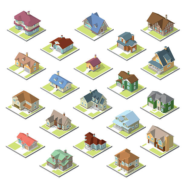 isometric image of a private house set isometric image of a private house set on white background isometric projection stock illustrations