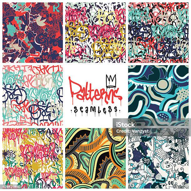 Set Di Motivi Senza Cuciture Graffiti - Immagini vettoriali stock e altre immagini di Graffiti - Graffiti, Sfondi, Motivo ornamentale