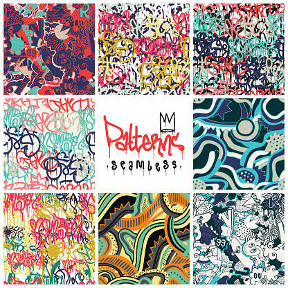Big set of seamless patterns, graffiti style, king of style. Original youth seamless patterns, repeating image for using pattern on any items, T-shirts, wallpaper, curtains