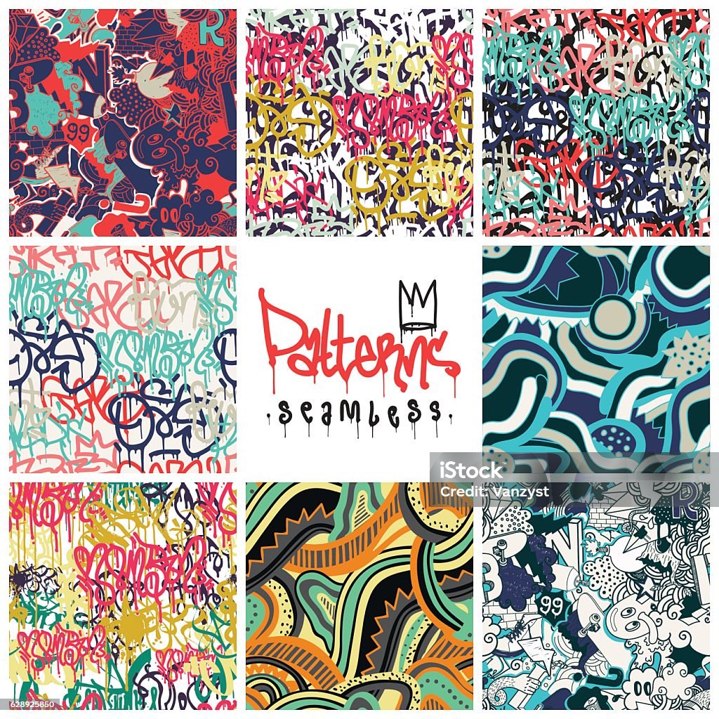 Graffiti seamless patterns set Big set of seamless patterns, graffiti style, king of style. Original youth seamless patterns, repeating image for using pattern on any items, T-shirts, wallpaper, curtains Graffiti stock vector