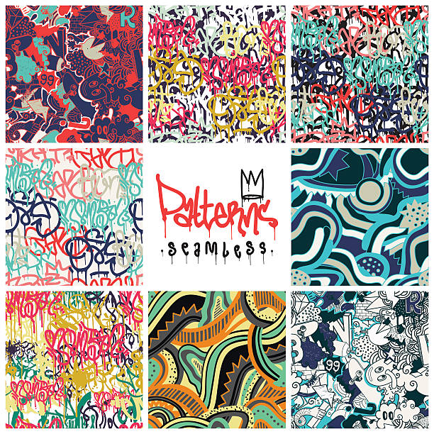 Graffiti seamless patterns set Big set of seamless patterns, graffiti style, king of style. Original youth seamless patterns, repeating image for using pattern on any items, T-shirts, wallpaper, curtains graffiti illustrations stock illustrations